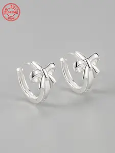 S925 Sterling Silver Cute Bowknot Design Hoop Earrings, Fashionable Earrings for Women & Girls, Trendy All-match & Exquisite Jewelry for Birthday Gift
