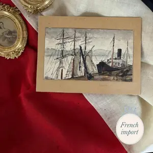 Antique Watercolor Ships in Harbor