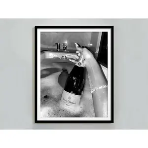 [Sale off up to 65%][Free Ship][No Frame] Champagne Bottle in Bathtub Print, Black and White, Bar Cart Poster, Girls Bathroom Wall Art Decoration
