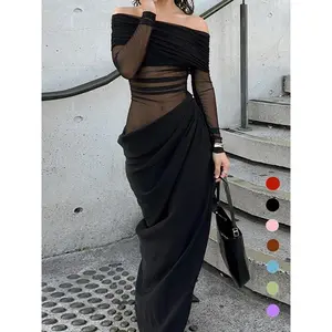 Women's Plain Off Shoulder Ruched Sheer Mesh Dress, 2025 Elegant Long Sleeve Long Dress for Party Banquet, Ladies Summer Clothes