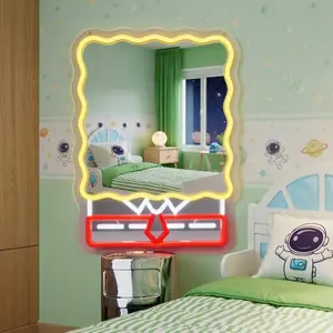 Cute Sponge Mirror with LED Neon Light, Cartoon Vanity Wall Mirror for Bedroom Desk Decor, Kawaii Makeup Mirror Night Light Gift for Kids Girls Room