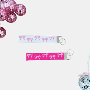 Pink Bow Print Keychain Wristlet - 100% Cotton Handmade Keychain with 6" Long Wristlet Band, Perfect for Everyday Use