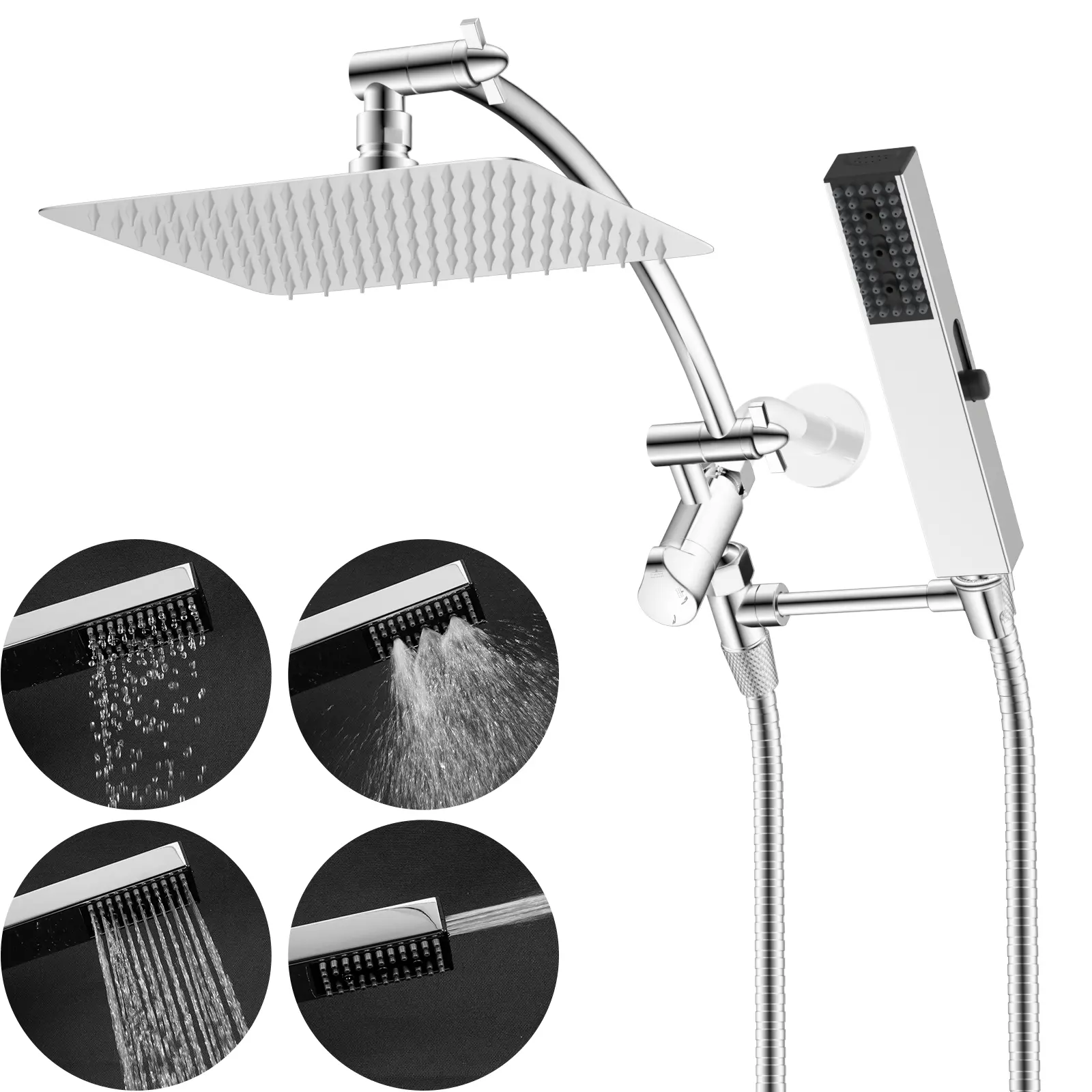Hibbent All Metal 10'' Rainfall Shower Head, Square Shower Head Combo, High Pressure Handheld Shower Wand, 12'' Adjustable Arc-shaped Shower Extension Arm, with 4-mode Handheld Spray，71'' Hose,  Showerhead Holders