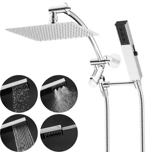 Hibbent All Metal 10'' Rainfall Shower Head, Square Shower Head Combo, High Pressure Handheld Shower Wand, 12'' Adjustable Arc-shaped Shower Extension Arm, with 4-mode Handheld Spray，71'' Hose,  Showerhead Holders