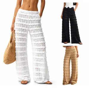 Arssm Womens Crochet Pants Lace Swim Cover Up Pants Elastic Waist Mesh Bathing Suit Cover Up Beach Pants