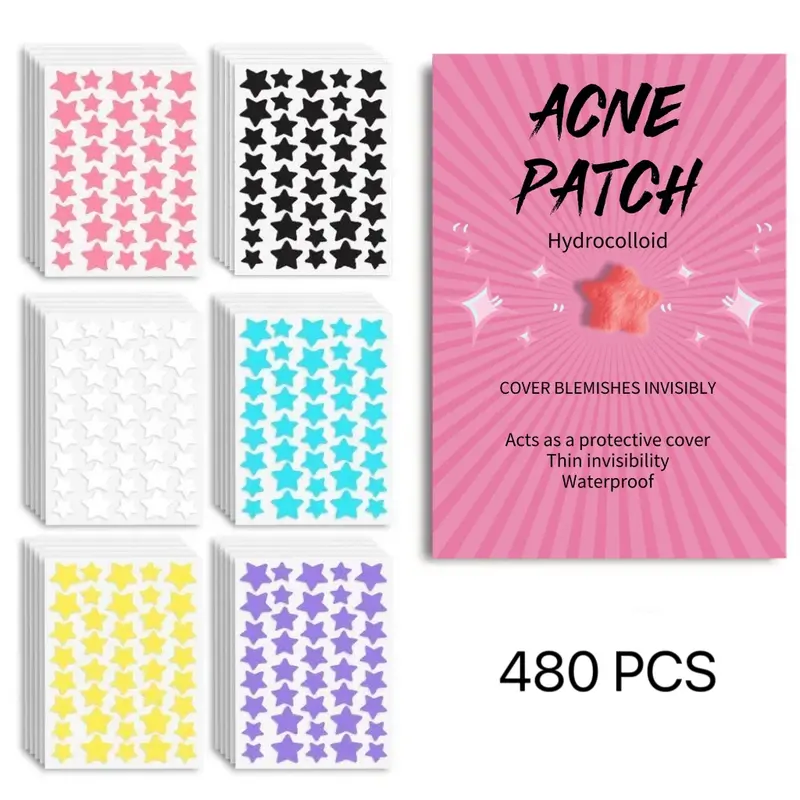 480 Pcs  Pink Box Star Acne Stickers, 6 Colors Different Sizes, Cover Blemishes, Super Cute, Single Pack, No Alcohol or Aerosol
