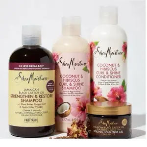 SheaMoisture Complete Hair Care Bundle Pack 4 Piece Set for All Hair Types Includes Jamaican Black Castor Oil Shampoo, Coconut & Hibiscus Curl & Shine Shampoo, Conditioner, and Strong Hold Edge Gel