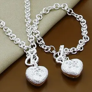 2pcs Set of Silver Stone Heart Necklace And Bracelet Set, DIY Jewelry Making Accessories, Fashionable Accessories for Men And Women