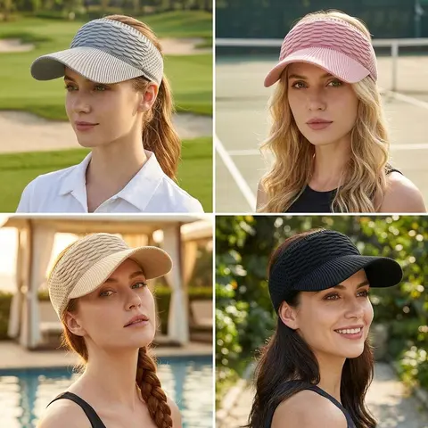 Women's 4-Piece Outdoor Sports Hat Set - Female Casual Outdoor Hat, Adjustable Knit, Geometric-Pattern Hiking Cap, UV Sun Protection, Open Top Cooling Design, Flexible Extendable Stretch Fit, 1 Size, 6 Color Options