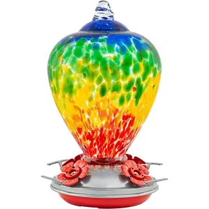 Hand-Blown Glass Hummingbird Feeder, 34 oz with Ant Moat Hooks - Ideal for Outdoor Garden and Patio Decor (Rainbow)