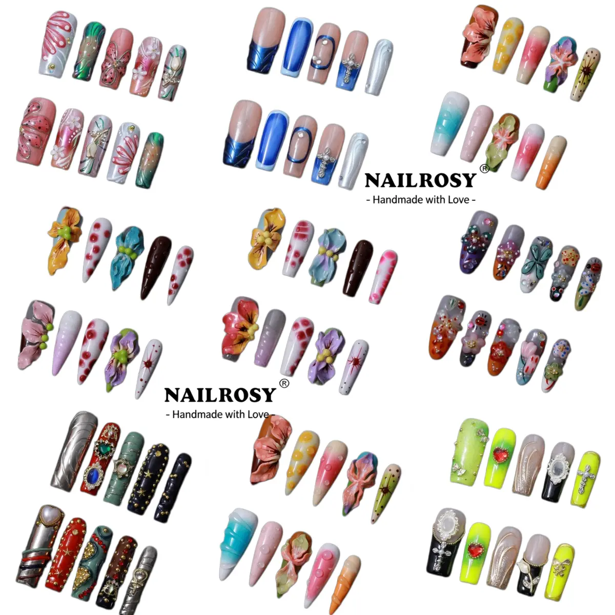 nailrosy 10pcs Press-On Sheet Nails Multi-Pack Kit, Luxury Handmade 3D Floral Acrylic Middle Almond Coffin Nails, Beige & White Ombre Gloss, Hassle-Free Wear, Old Money Elegant Minimalist Chic Cat Eye, French Classical Neutral Design, Nail Inspo, Press On