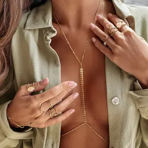 Gold Plated Body Chains for Women, Sexy Layered Belly Waist Chain Crossover Bikini Bra Chain, Summer Beach Rhinestone Body Jewelry