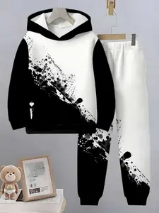 Boys Fashion Colorblock Long Sleeve Sweatshirt Set, 3D Printed Casual, Suitable for Ages 5+, Outdoor Wear, Fall & Winter