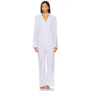 eberjey Nautico Long Pajama Set in Classic Stripe Slate Blue & Ivory