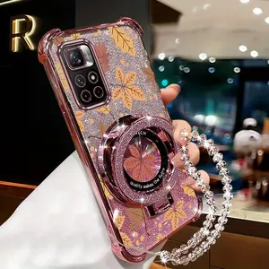 Redmi Note 11s 5G Fashion Series Pearl Strap Lanyard Phone Holder Case For Compatible With Xiaomi Redmi Note 11s 5G Transparent Magnetic Glitter Cover and Elegant Autumn Yellow Leaves Fall Protector Cases
