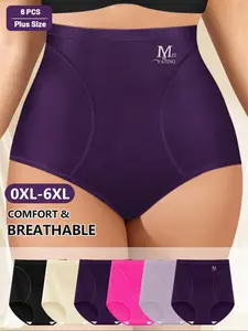 6 Pack Plus Size High Waist Tummy Control Ice Silk Seamless Fitted Women's Underwear, Comfortable Breathable Triangle Panties, Shaping Hip Lifting