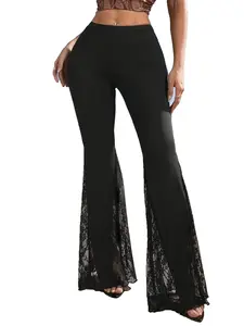 Women's Plus Size Solid Color Casual Fitted High Waist Pants, Casual High Waisted, Comfortable Lace Patchwork Design, All Season Wear, Plain Style