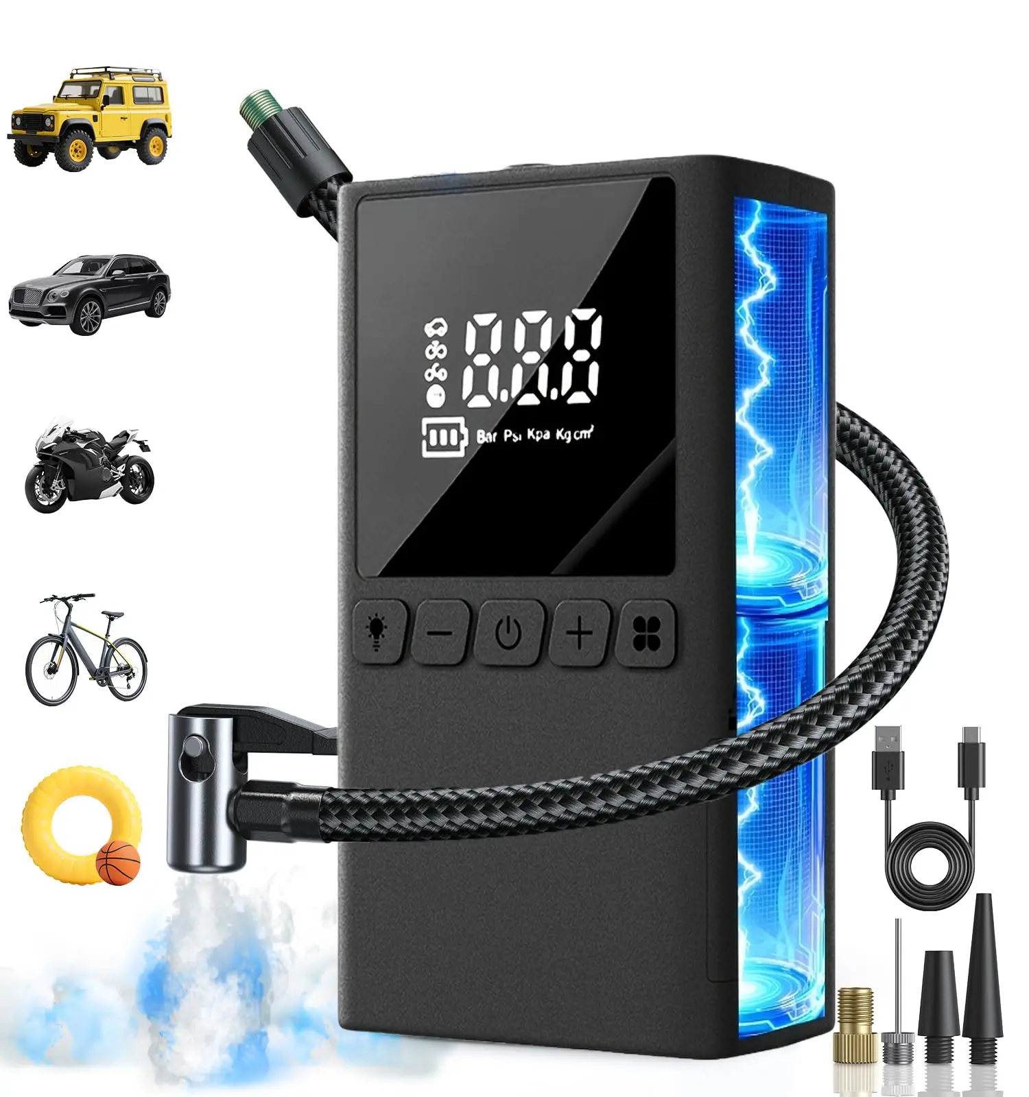 3500mAh Cordless Tire Inflator, Portable Rechargeable Air Pump with LED Display for Car, Bike & Sports Balls