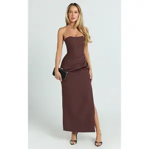 Avery Midi Dress - Strapless Draped Side Split Dress in Chocolate