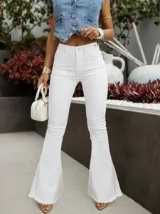 Women's Slim Fit Denim Flare Pants, Elastic Waist Casual Jeans Flared, Womenswear, Washed Look, Plain Pattern, All Seasons Wear, Perfect for Dates