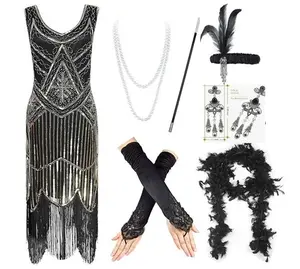 Women's Vintage 1920's Sequin Beaded Tassels Hem Flapper Dress with Accessories