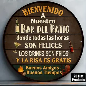 2D Flat 8X8 、12×12 Inch Round Vintage Aluminum Plaque, Spanish Courtyard Bar Welcome Decorative Sign, Rustic Wall Art for Outdoor Patio Cafe Restaurant Party Leisure Area