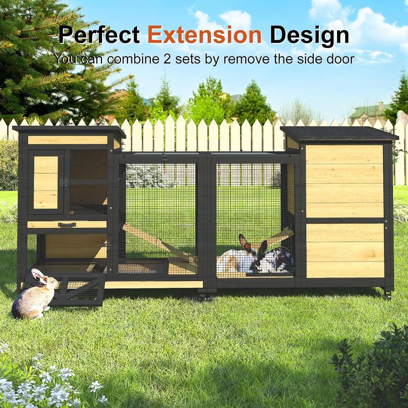 TIMHAKA 46.7" Elevated Rabbit Cage with Run Indoor & Outdoor Use Wooden Design 2 Removable Tray Waterproof Roof 4 Metal Wheels for Small Medium Animals