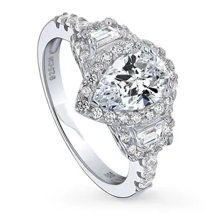 BERRICLE Sterling Silver 3-Stone Halo Art Deco Wedding Engagement Rings for Women, 1.3 Carat Pear Cut Cubic Zirconia CZ Ring