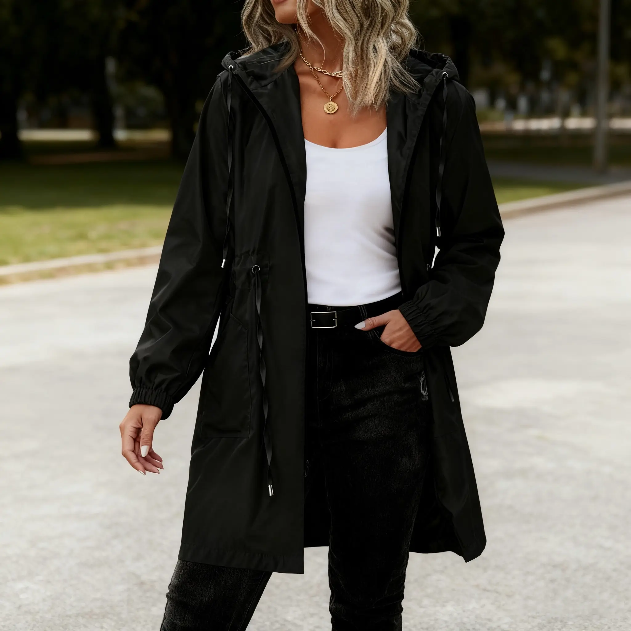 Women's Plus Size Polyester Longsleeves Trench Coat - Waterproof Hooded Lightweight Adjustable Feminine Casual Tops Outerwear with Drawstring, Shell Layer, Pocket, Sun-Protective Comfortable Fit for Outdoor Use,summerwins,summeroutfits,vacationoutfits,bea