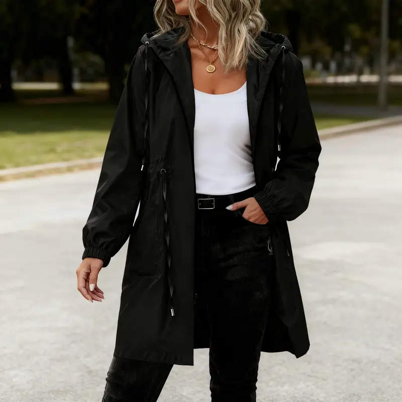 IN'VOLAND Women's Plus Size Solid Waterproof Polyester Rain Jacket - Long Sleeve Tops, Pocketed, Lightweight, Fold-and-Go Hooded Trench, Adjustable Drawstring, Feminine Design, Women's Fashion, Casual, Outdoor Travel, Dry Clean Only