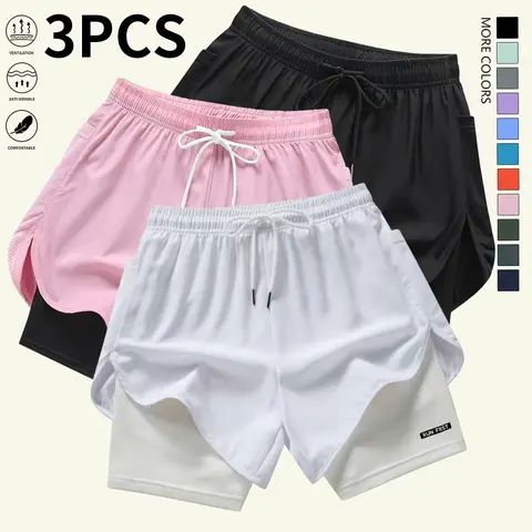 Women's Casual Athletic Sports Shorts (Pack of 3) - Faux 2-Piece Solid Color, Lined, Drawstring Elastic Waistband, Everyday Fit Active Wear for Outdoor Fitness, Summer