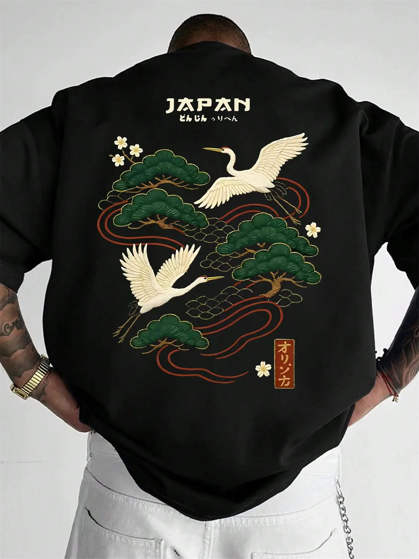 Men's Casual Streetwear Short Sleeve T-Shirt, Long, Graphic Crane & Cloud Elements, Fitted Soft Fabric, Cultural Trend, Daily Wear, Light Social