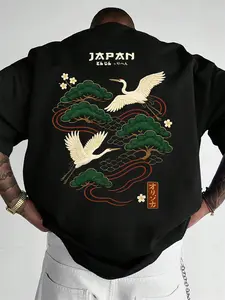 Men's Casual Streetwear Short Sleeve T-Shirt, Long, Graphic Crane & Cloud Elements, Fitted Soft Fabric, Cultural Trend, Daily Wear, Light Social