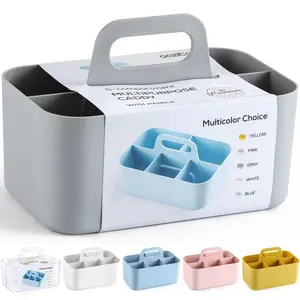 Multiuse Caddy Organizer with Handle - Stackable Plastic Bin Basket - Divided Storage Tote Holder for Art Craft Supplies, Makeup, Bathroom, Shower, Cleaning, Kitchen, Office, Dorm, Desktop - Grey