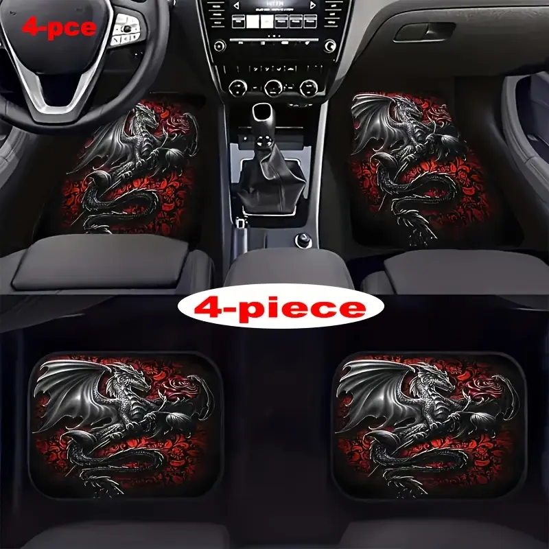 4-Piece Dragon and Rose Universal Size Car Floor Mats - Polyester Material, Non-Slip Lining, Easy Cleaning, Car Interior Components for Front and Rear Seats Car Accessory