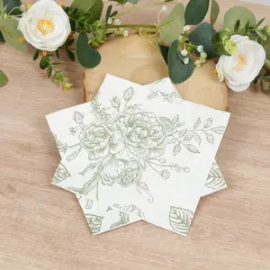 50 Pack 2-Ply Paper Beverage Napkins in Matte Sage Green and White French Toile Floral Pattern, Highly Absorbent Soft Disposable Cocktail Napkins