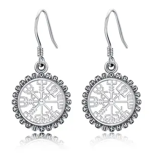 Sebina Viking Rune Compass Drop Earrings S925 Silver Norse Symbol - Engraved Jewelry for Viking Festival Reenactment Cosplay Gifting to Him/Her sterling silver earring