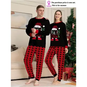 [Men/Women] Couple Christmas long-sleeved trousers pajama set with Christmas hat, holiday greetings, red and black plaid pattern, round neck design, neutral style,Gift