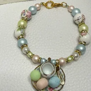 Handmade Macaroon Teacup Set Charm, Floral Bead Bracelet