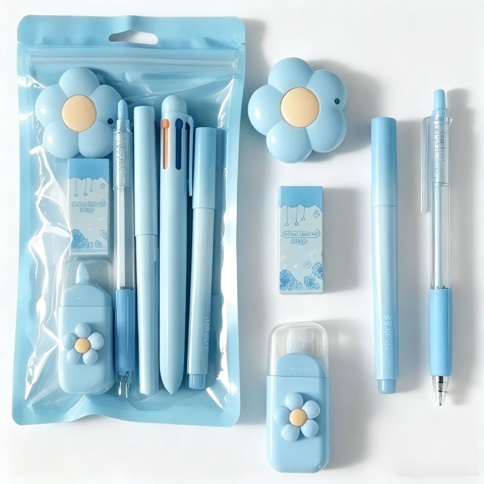 7-Piece Cute Kawaii Stationery Set for Girls, Aesthetic Blue School Supplies Kit with Pens, Highlighter, Correction Tape and Utility Knife, Back-to-School Essentials, Birthday, Christmas and Classroom Gift for Teens and Students
