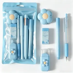 Cute Kawaii Stationery Set for Girls, 7PCS Aesthetic Blue School Supplies Kit with Pens, Highlighter, Correction Tape & Utility Knife, Back to School Gift