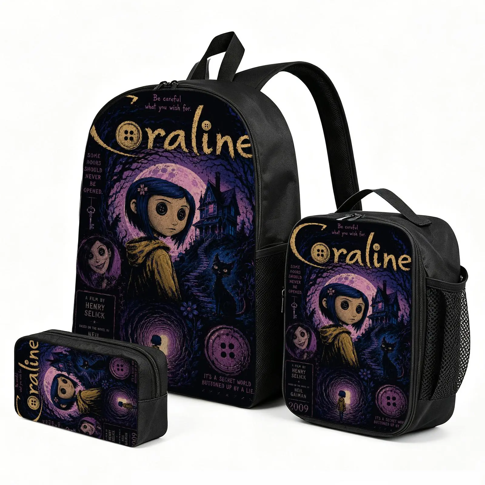 Coraline 3PCS Kids Backpack Set with Insulated Lunch Bag | Theme Travel Daypack | Cute Print School Bookbag Pencil Case Combo