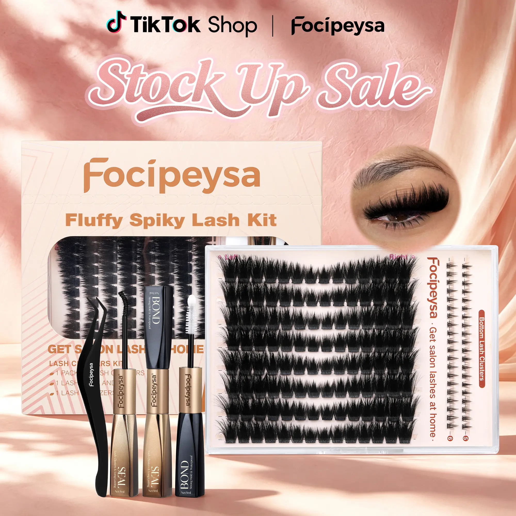 Focipeysa Fluffy Spiky Lash Clusters Kit | Pre-Mapped Fluffy Spiky L&R Eye with Bottom Lashes, Bond & Seal, Tweezer | Waterproof, Time-Saving, Beginner-Friendly for Home Salon-Quality Soft Glam Makeup