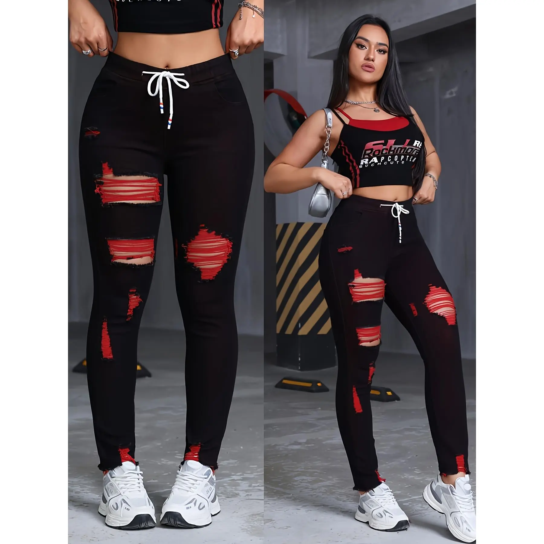 Women's High-Waisted Stretch Skinny Jeans - Black with Red & Green Thread Geometric Pattern, Y2K Distressed Ripped Cuffs & Slant Pockets, 85% Rayon/2% Elastane/13% Polyester Blend, Machine Washable All-Season Casual Pants