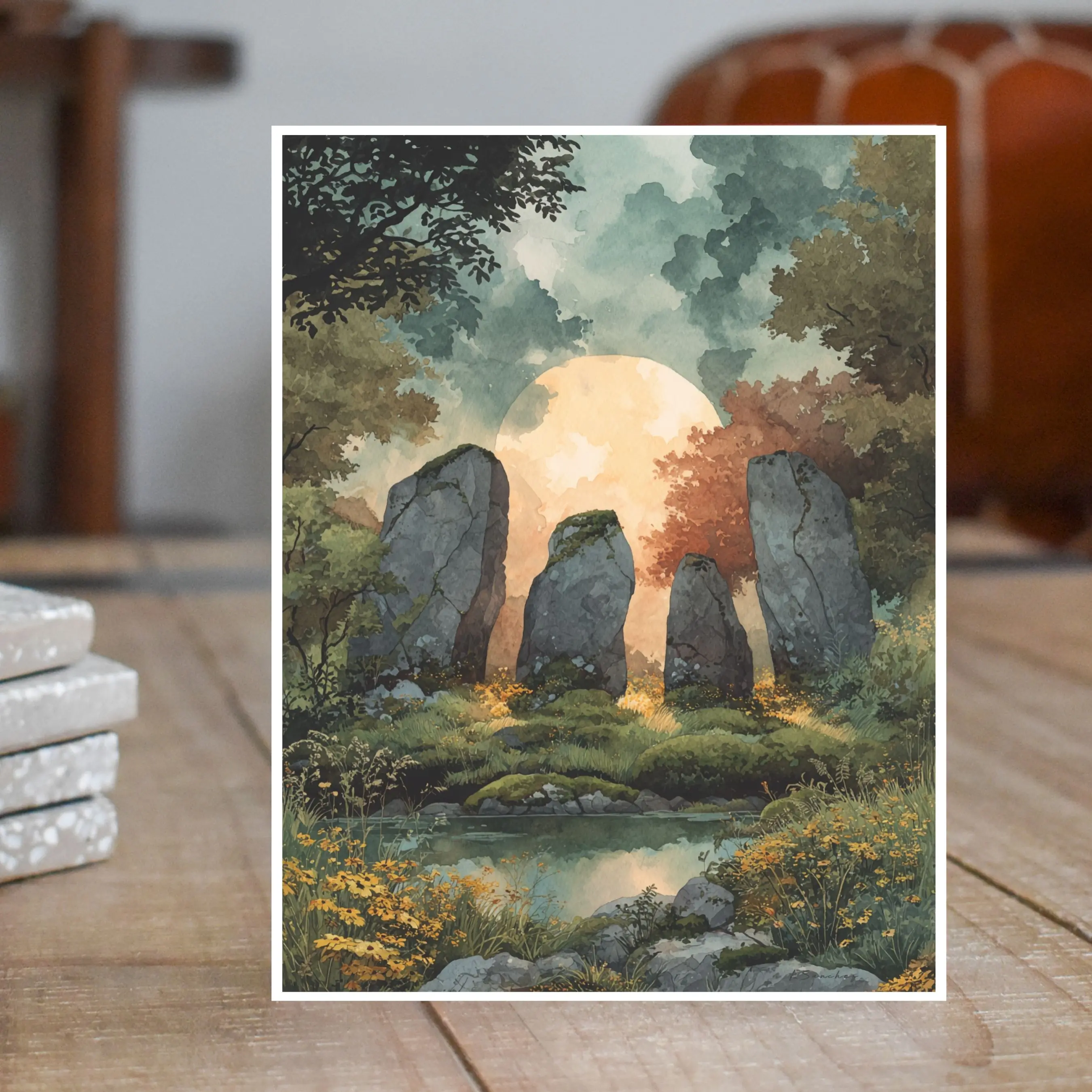 Handmade Watercolor Greeting Card, Summer Solstice Standing Stones Printed Art Card for Pagan Friends (Litha-Themed Office Stationery)