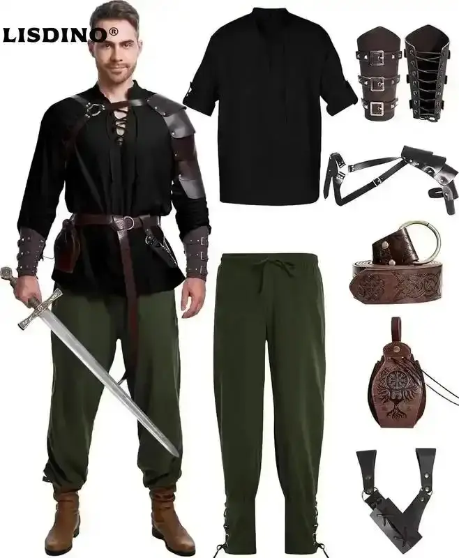 8 Pcs Men's Renaissance Costume Halloween Medieval Pirate Shirt Pant Viking Costume Accessories Set