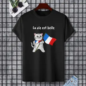 France Paris Cat French Flag Kitty Funny Gift Black T-Shirt for Men Women, 100% Cotton, Single Side Printed, Black Short Sleeve T-shirt, Gift for Family Friends, S-XXXL, 1 pc, Fabric Weight 180g