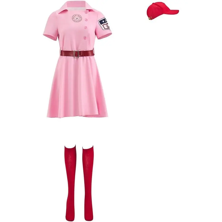 Adult Dottie Baseball Costume Pink Jersey Dress Uniform Set Halloween Outfit with Hat for Women
