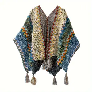[Lightweight Design] Women's Bohemian Style Cardigan Shawl-Colorful Geometric Pattern, Loose Cardigan Design with Tassels, Windproof Travel Scarf, Blue Acrylic Knit, Casual Coat |   Bohemian Style |   Acrylic Knit, Shawl Cardigan