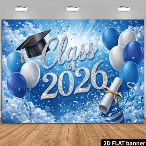 2D Flat Class of 2026 Graduation Season Theme Backdrop, Blue Sky White Clouds Radiant Effect Background, Paired with Silvery Font, Graduation Cap, Blue Silver Balloons, Diploma, Confetti Ribbons, Durable Material, No Power Required